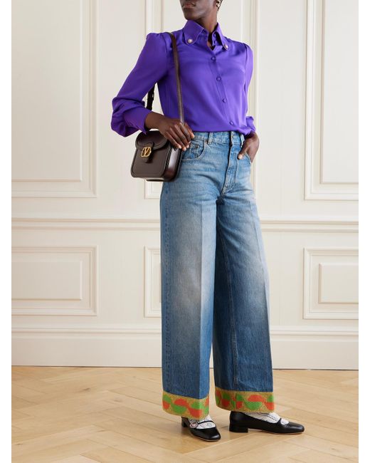 Valentino Garavani Blue Metallic Jacquard-Trimmed High-Rise Wide-Leg Jeans