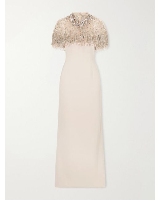 Jenny Packham White Livia Cape-Effect Embellished Tulle Gown