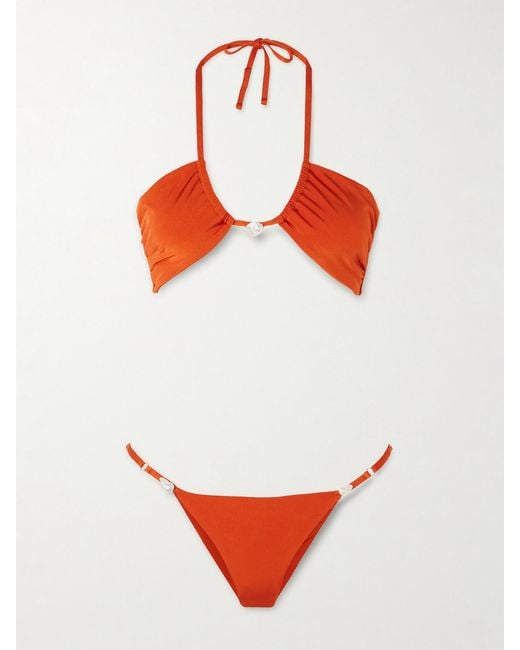 SARA CRISTINA Red Bahia Pearl-Embellished Stretch-Econyl Halterneck Bikini