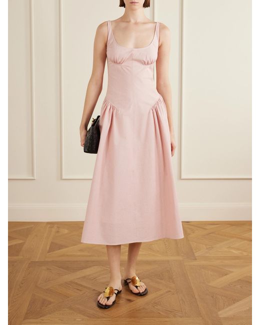 Proenza Schouler Pink Solira Gathered Striped Cotton-Blend Seersucker Midi Dress