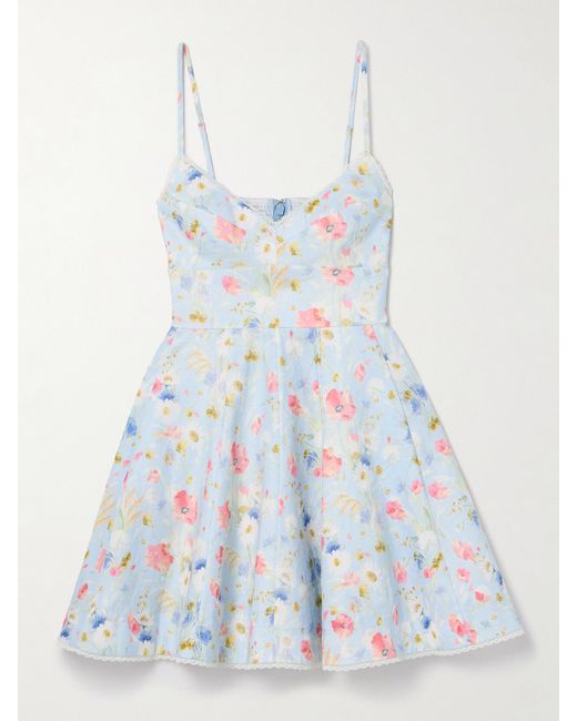 Zimmermann Blue Lucky Minikleid Aus Leinen Mit Blumenprint Und Spitzenbesatz