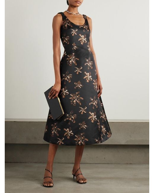 Emilia Wickstead Black Tippi Midikleid Aus Satin Mit Blumenprint