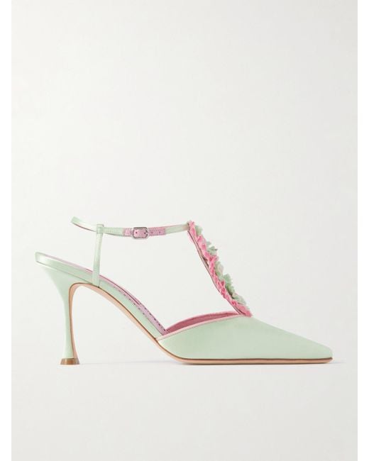 Manolo Blahnik Natural Hebes 90 Appliquéd Satin Mary Jane Pumps