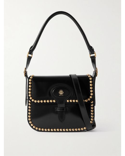 Bally Black Beckett Flat Medium Studded Glossed-Leather Shoulder Bag