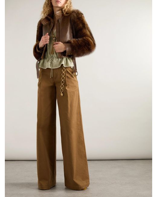Chloé Brown Cropped Shearling-Trimmed Leather Jacket