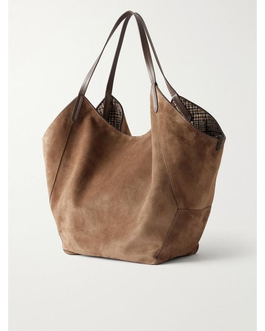 Brunello Cucinelli Brown Bead-Embellished Reversible Suede Shoulder Bag