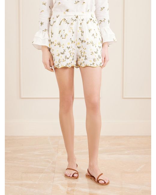 Christiano Marchelli Natural Elena Floral-Embroidered Linen Drawstring Shorts