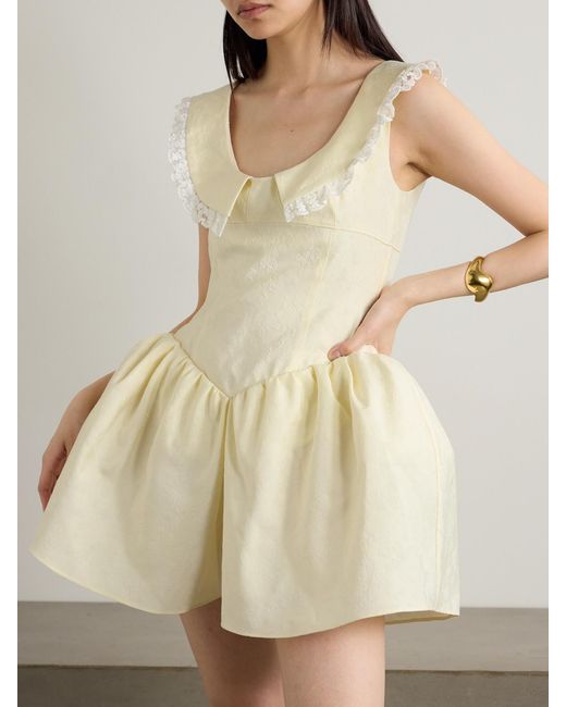 ShuShu/Tong Yellow Ruffled Lace-Trimmed Cady-Jacquard Mini Dress