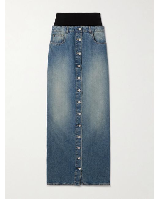 Alaïa Blue Layered Jersey-Trimmed Denim Maxi Skirt