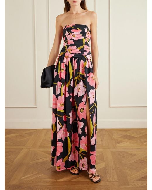 Cara Cara White Montreal Strapless Pleated Floral-Print Cotton-Poplin Maxi Dress