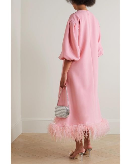 Huishan Zhang Pink Poppy Feather-Trimmed Recycled-Crepe Midi Dress