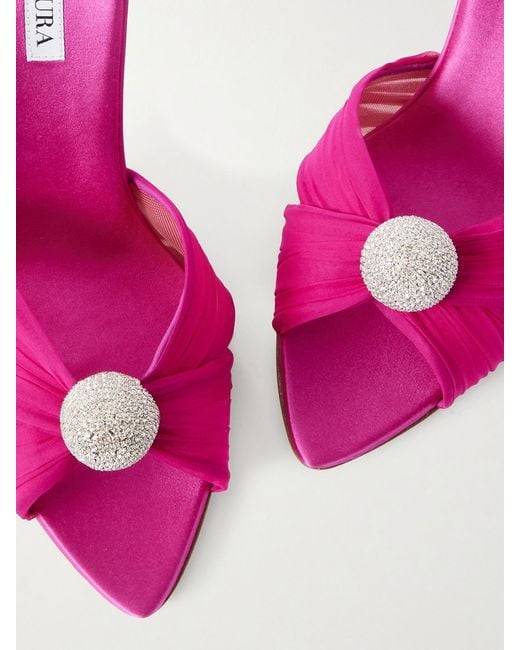 Aquazzura Pink Mystery 85 Crystal-Embellished Leather-Trimmed Chiffon Mules