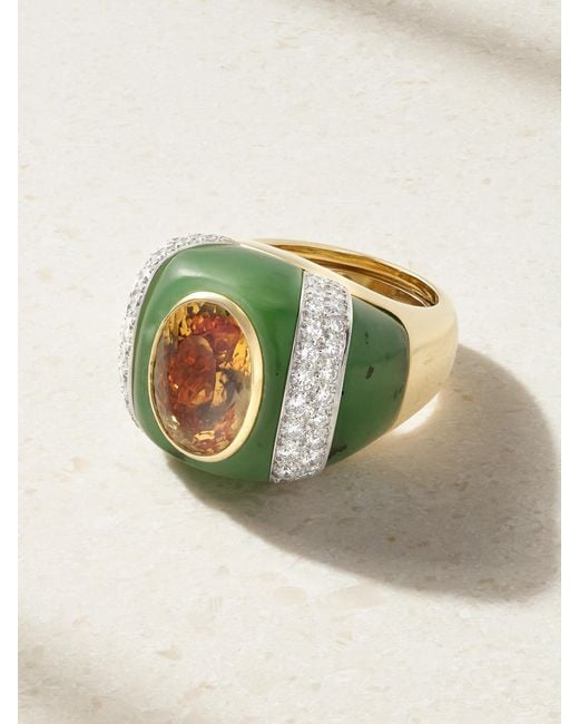David Webb Green Double Stripe 18-Karat And Platinum Topaz, Jade And Diamond Ring