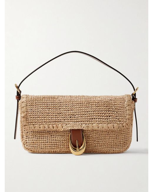 Staud Metallic Harlow Buckled Leather-Trimmed Raffia Shoulder Bag