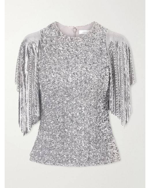 Rabanne Gray Chainmail-Trimmed Sequined Mesh Blouse
