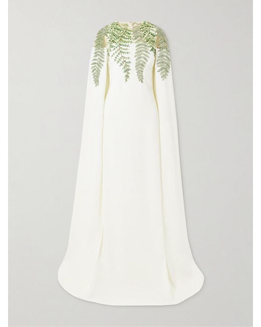 Oscar de la Renta White Cape-Effect Embellished Silk-Blend Crepe And Organza Gown
