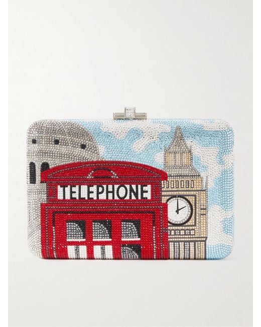 Judith Leiber Red London Big Ben And Telephone Box Silberfarbene Clutch Mit Kristallen