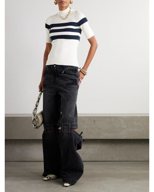 Jean Paul Gaultier White Embellished Striped Ribbed-Knit Turtleneck Sweater