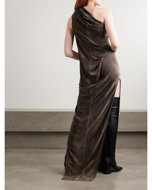 Rick Owens Natural Athena Arrowhead One-Shoulder Draped Crushed-Velvet Gown