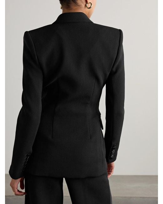 Sergio Hudson Black Double-Breasted Silk-Satin Trimmed Wool-Blend Blazer