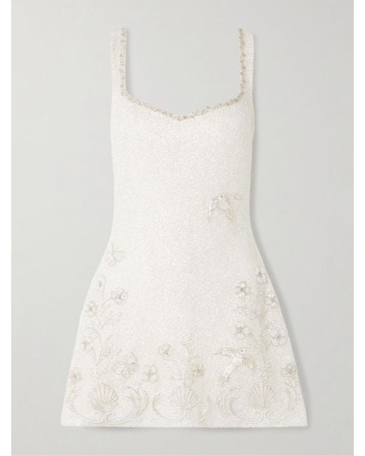 Clio Peppiatt Natural Snowdrop Embellished Beaded Stretch-Tulle Mini Dress