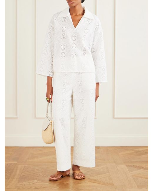 TOVE White Nynette Floral-Embroidered Cotton-Blend Wide-Leg Pants
