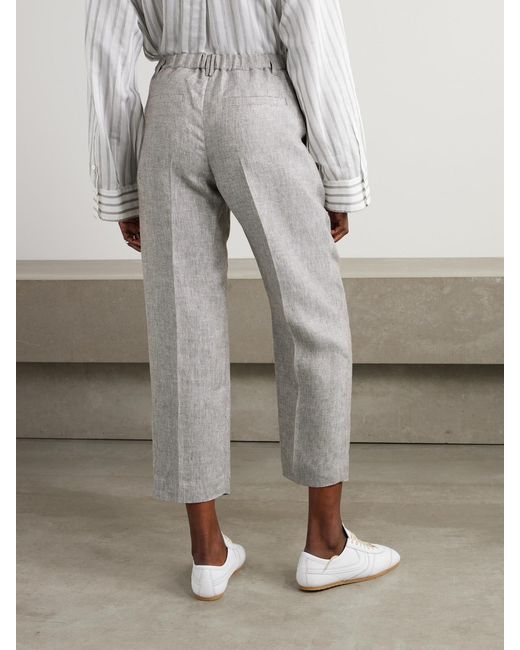 Brunello Cucinelli Gray Cropped Pleated Hemp And Linen-Blend Straight-Leg Pants