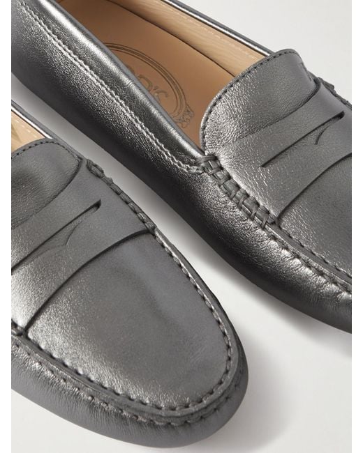 Tod's Gray Gommino Loafers Aus Metallic-Leder
