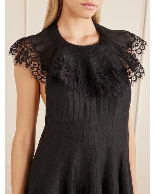 Zimmermann Black Ascent Flutter Lace-Trimmed Linen And Silk-Blend Gown