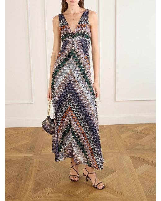 Missoni White Gathered Striped Metallic Crochet-Knit Maxi Dress