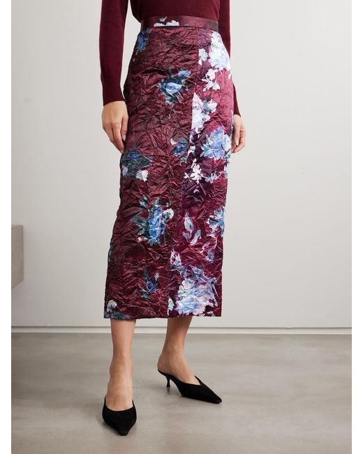 Erdem Purple Floral-Print Crinkled Duchesse-Satin Midi Skirt