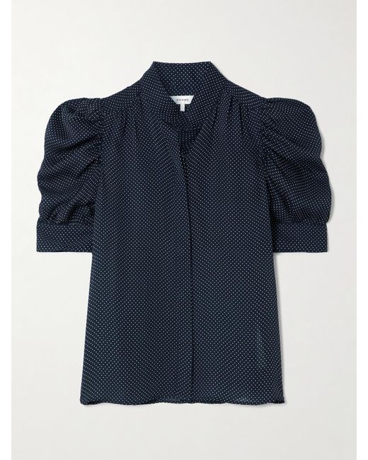 FRAME Blue The Gillian Ruched Polka-Dot Silk-Crepe Blouse