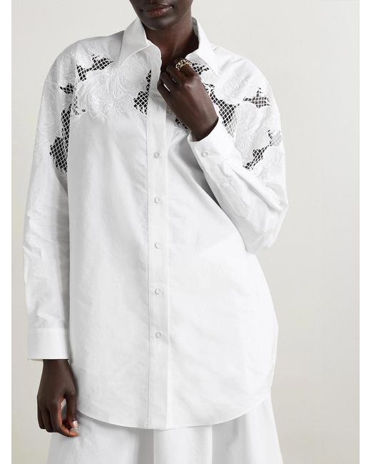 Adam Lippes White Embroidered Crochet-Trimmed Cotton-Poplin Shirt