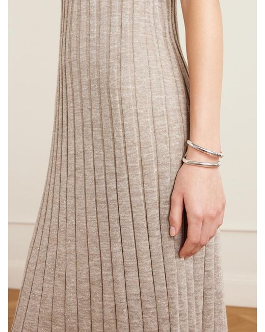 Brunello Cucinelli Natural Metallic Ribbed-Knit Midi Dress