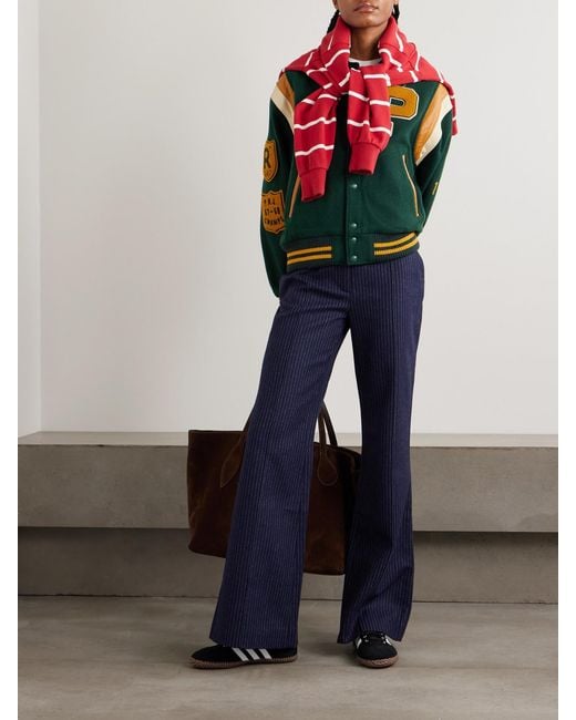 Polo Ralph Lauren Green Appliquéd Striped Leather-Trimmed Wool-Blend Varsity Jacket