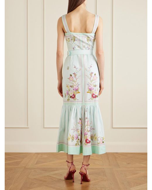 Self-Portrait White Belted Floral-Print Linen And Cotton-Blend Midi Dress