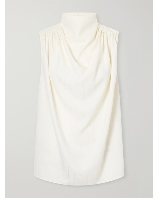 Kallmeyer White Penny Sequined Ruched Striped Twill Top