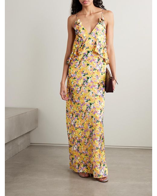 Kika Vargas Metallic Bel Maxikleid Aus Gehämmertem Crêpe Mit Blumenprint, Applikationen Und Rüschen