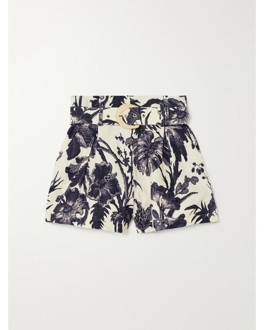 Cara Cara Blue Palmer Belted Pleated Floral-Print Linen Shorts