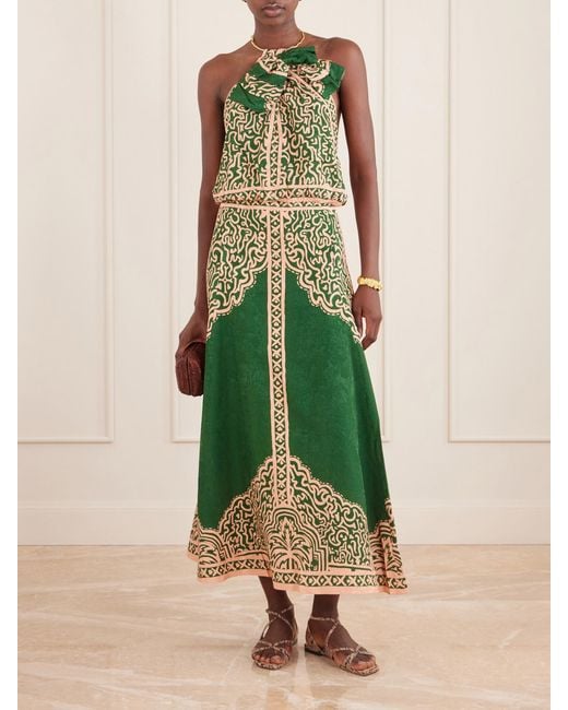 Johanna Ortiz Green Southern Reverie Bow-Detailed Embellished Satin-Jacquard Top