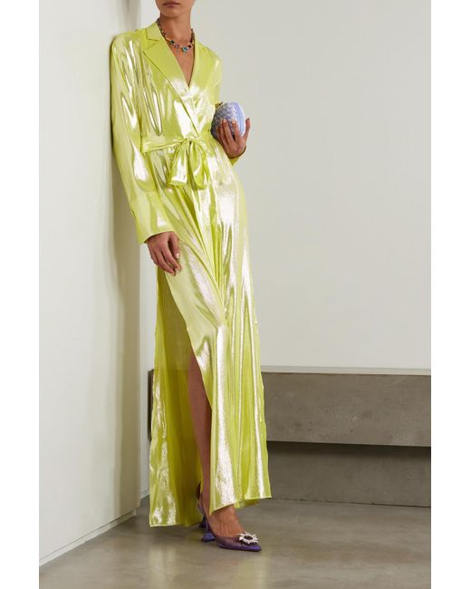 Michael Lo Sordo Belted Silk-lamé Maxi Shirt Dress in Yellow | Lyst