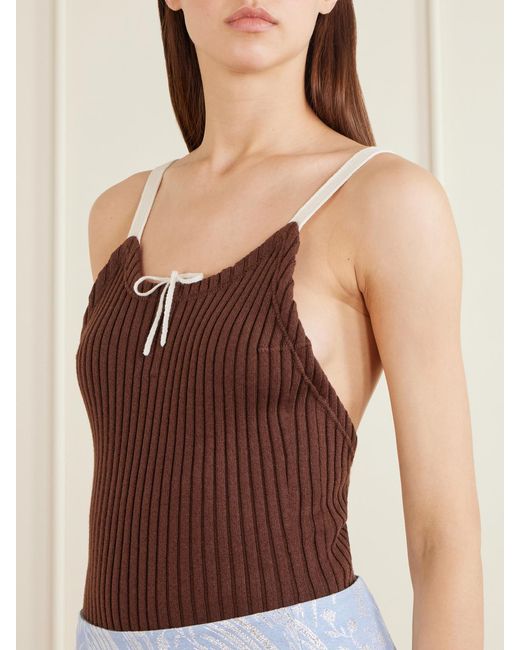 Tory Burch Brown Color-Block Ribbed-Knit Wool And Cotton-Blend Bodysuit