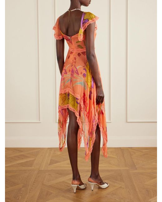 Donde Esteban Orange Guava Flores Ruffled Asymmetric Lace-Trimmed Silk-Chiffon Midi Dress