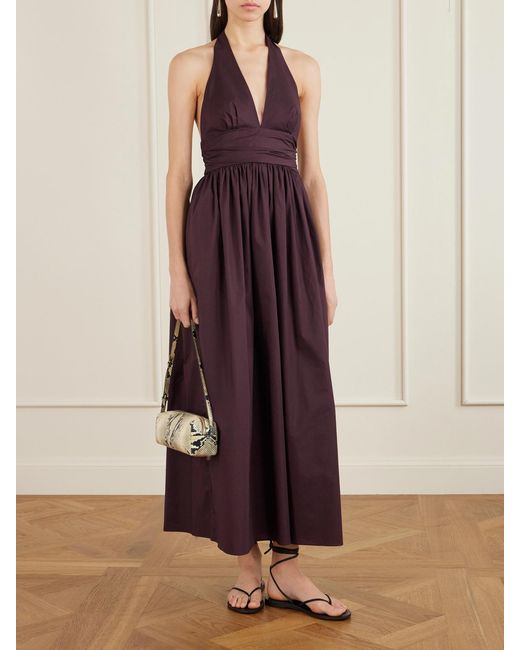 Matteau Purple Gathered Organic Cotton-Poplin Halterneck Maxi Dress
