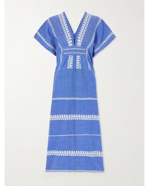 Lemlem Blue Gasira Embroidered Cotton Midi Dress