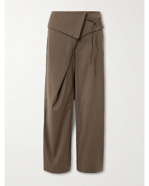 Deiji Studios Natural Folded Asymmetric Pinstriped Wool Wide-Leg Pants