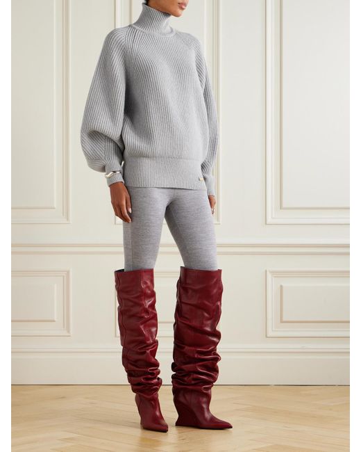 Balmain Gray Ribbed Wool Turtleneck Sweater