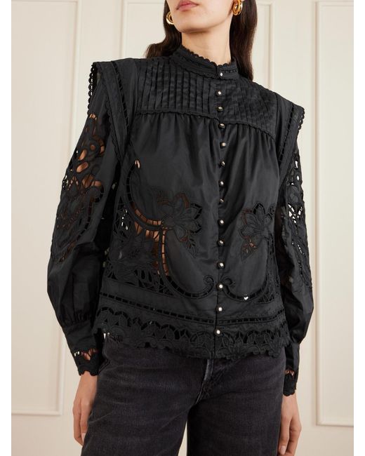 Farm Rio Black Richilieu Pleated Broderie Anglaise Cotton Blouse