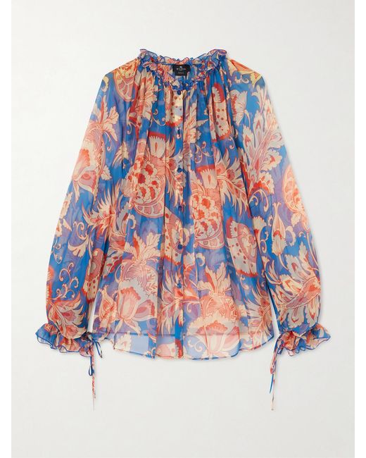 Etro White Floral-Print Silk-Chiffon Peplum Blouse