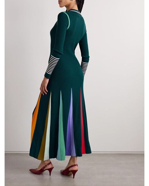 Christopher John Rogers Green Godet Maxikleid Aus Gerippter Merinowolle Mit Streifen Und Polokragen